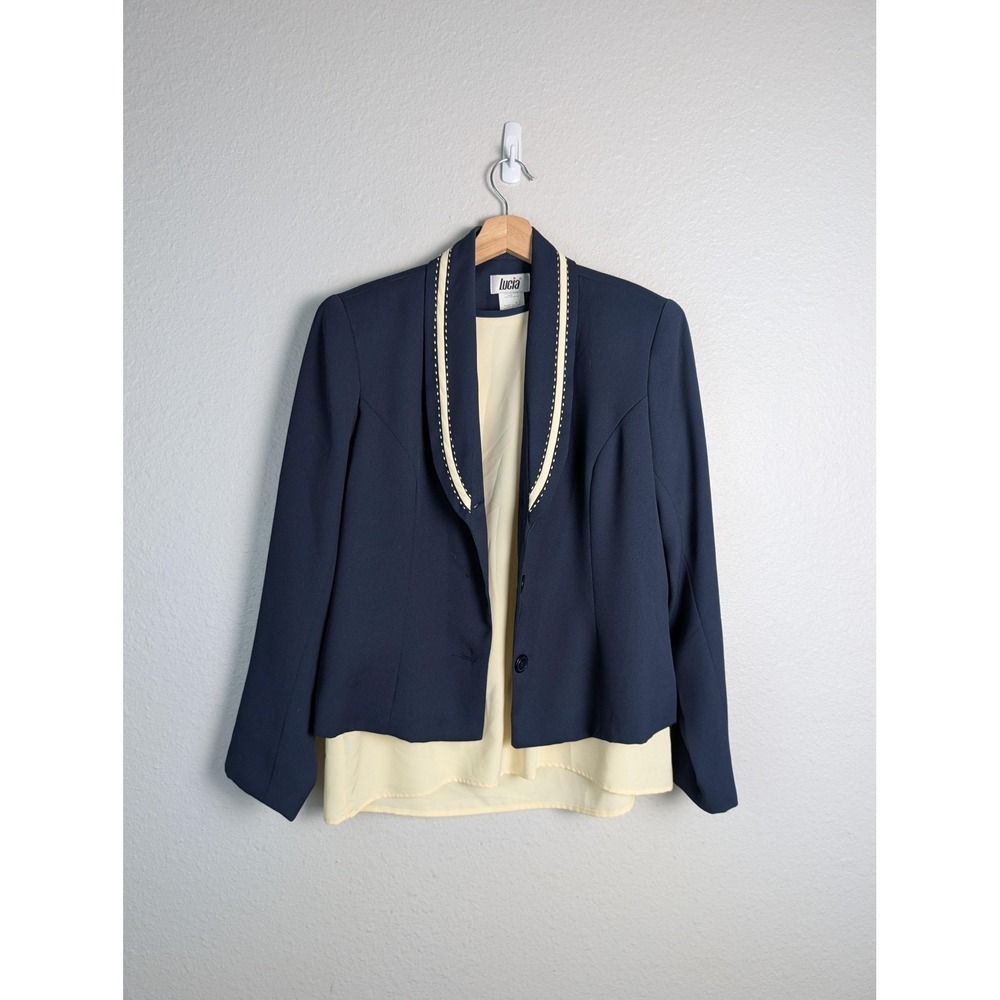 LUCIA Sz 10 100% Polyester Blazer Womens Blue Shawl‎ Lapel One-Button Lined